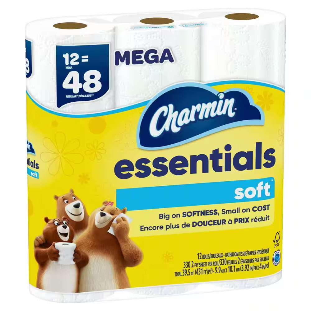 Essentials Soft Toilet Paper Rolls (12 Mega Rolls)