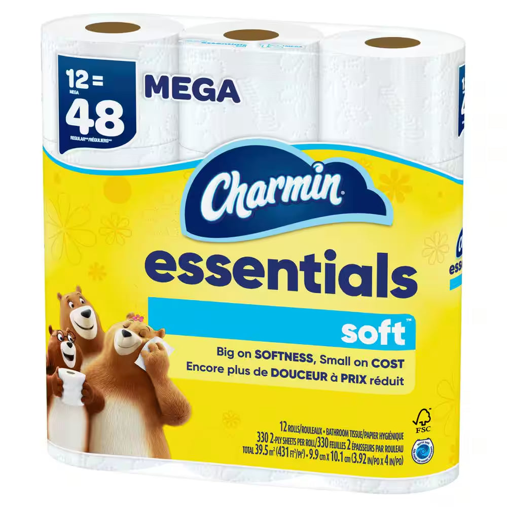 Essentials Soft Toilet Paper Rolls (12 Mega Rolls)