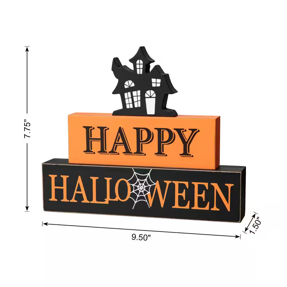 7.75 In. H Happy Halloween Wooden Haunted House Block Sign