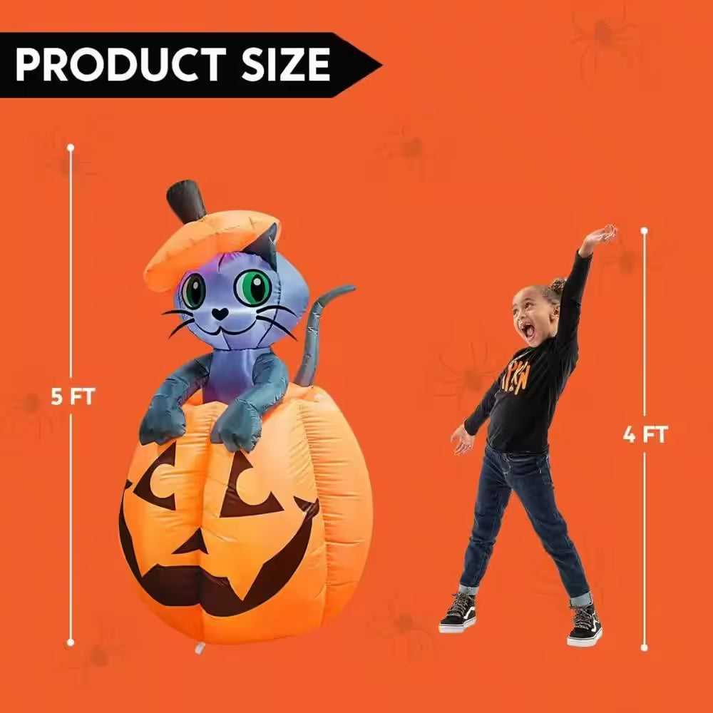 5 Ft. Multi-Color Halloween Inflatable Kitty Cat on Pumpkin Made of Polyester