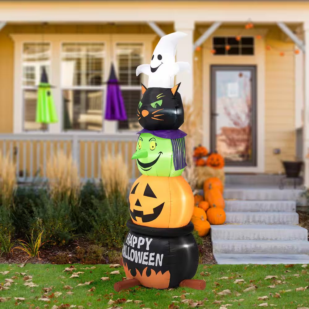 8 Ft. Lighted Halloween Inflatable Stacked Ghost, Black Cat, Witch and Pumpkin Decor