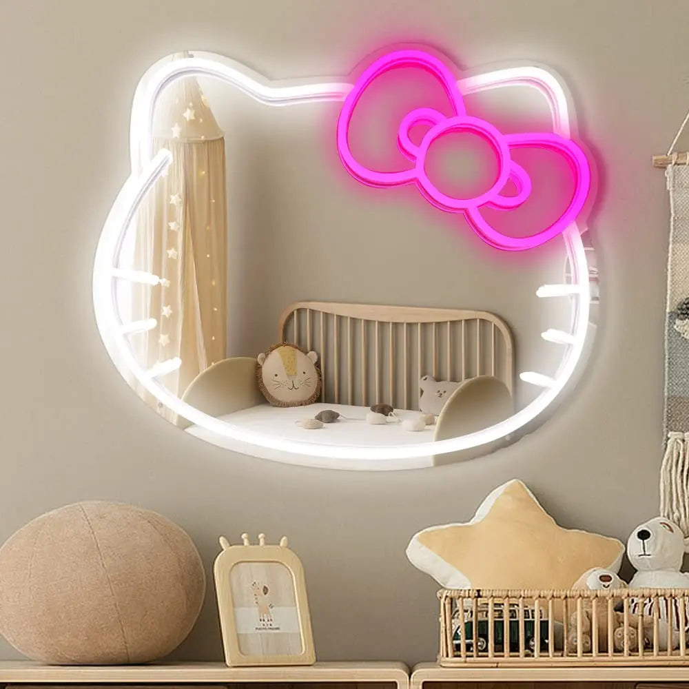 Hello Kitty Mirror Neon Sign for Wall Decor Cute Mirror Neon Sign for Bedroom Living Room Game Room Gifts for Girls Girlfriend