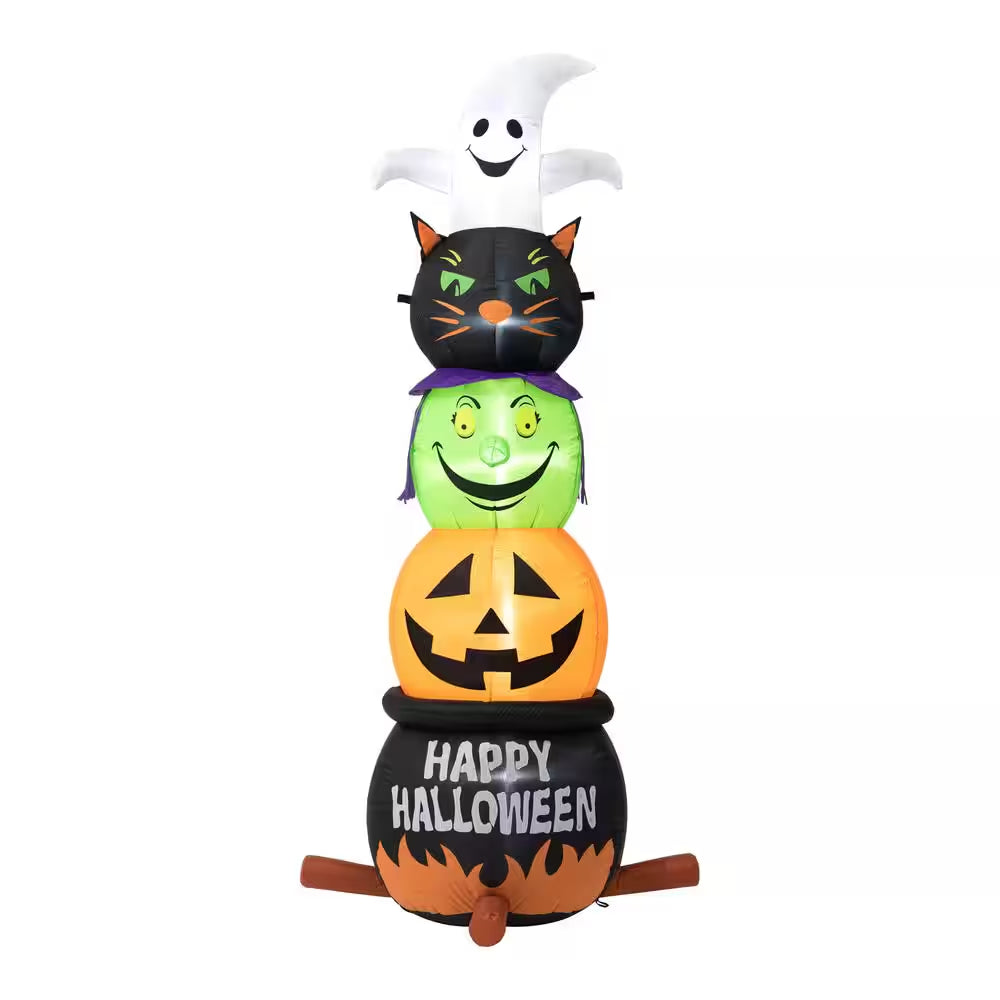 8 Ft. Lighted Halloween Inflatable Stacked Ghost, Black Cat, Witch and Pumpkin Decor