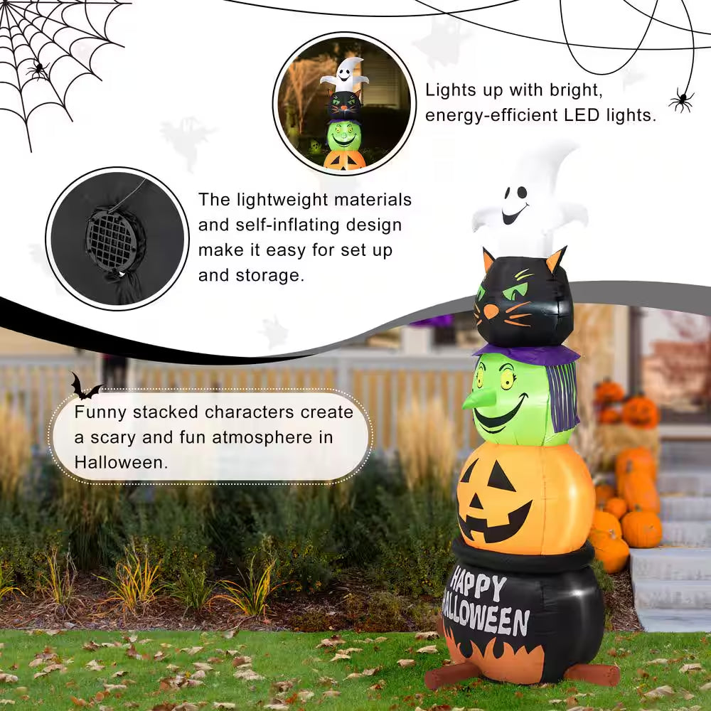 8 Ft. Lighted Halloween Inflatable Stacked Ghost, Black Cat, Witch and Pumpkin Decor