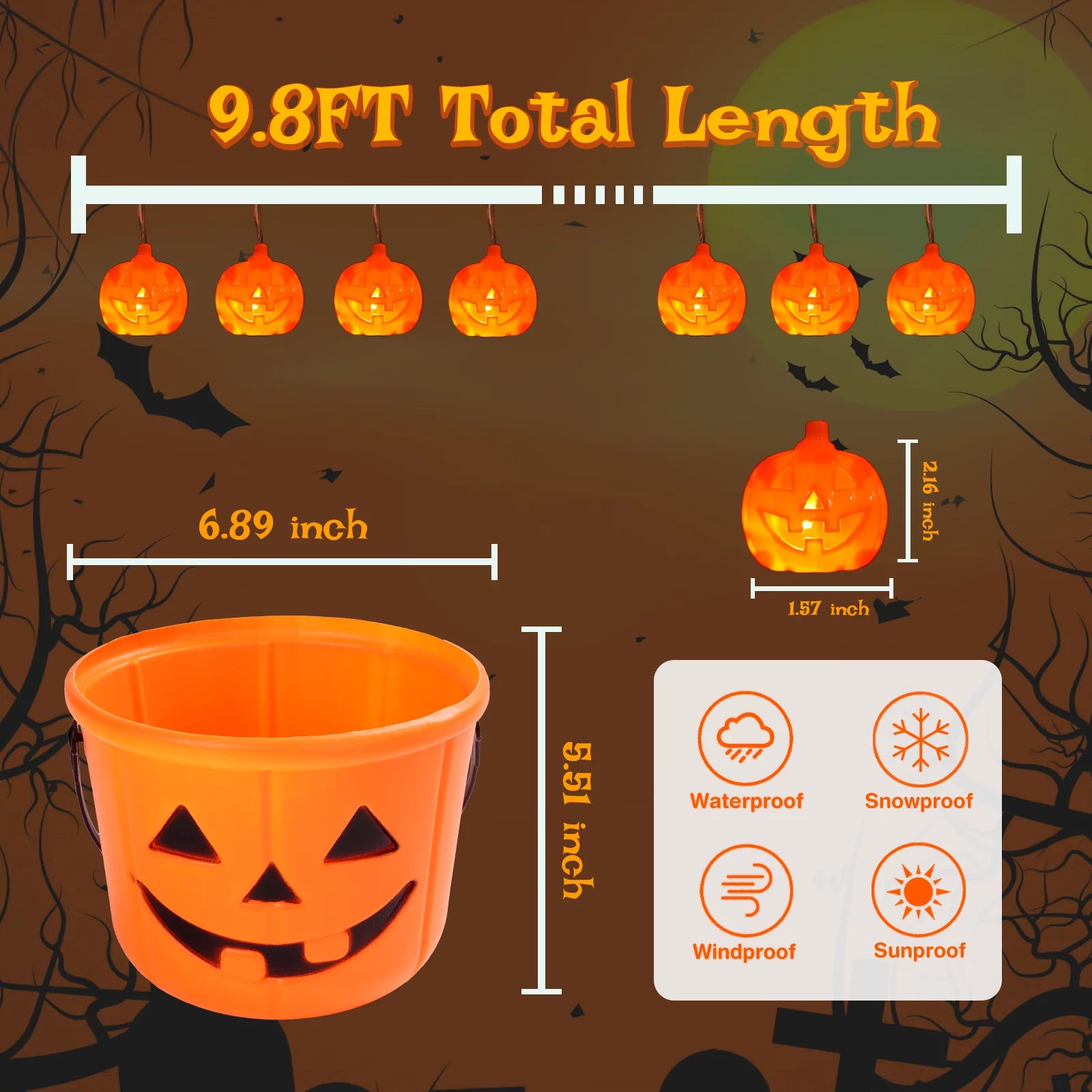 Halloween Pumpkin String Lights with Pumpkin Candy Bucket, 30 LED 16.4Ft, 8 Modes Timer Waterproof Orange Jack-O-Lantern, Outdoor and Indoor Halloween Decorations