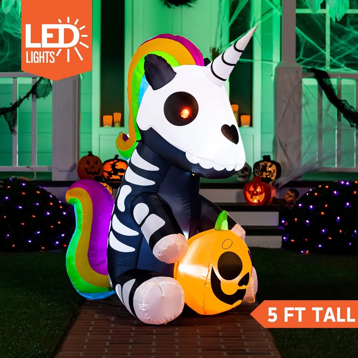 5 Ft Halloween Inflatable Sitting Skeleton Unicorn with Build-In Leds,Halloween Blow up Yard Decorations Outdoor Decorations