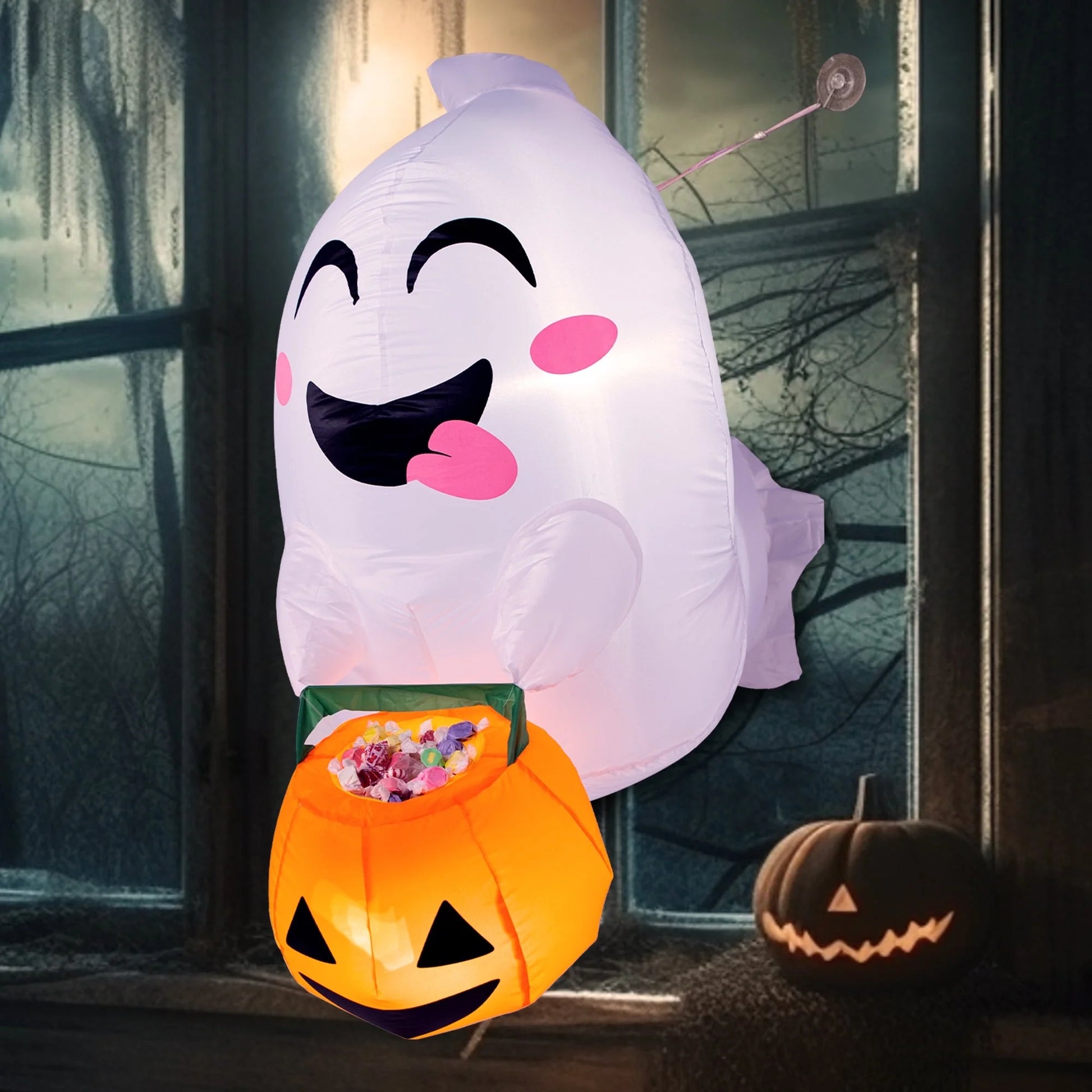 4.5 FT Halloween Inflatable Outdoor Cute Flying Ghost with Pumpkin Candy Basket Broke Out from Window with Built-In LED Blow up Inflatable for Window Decoration Yard