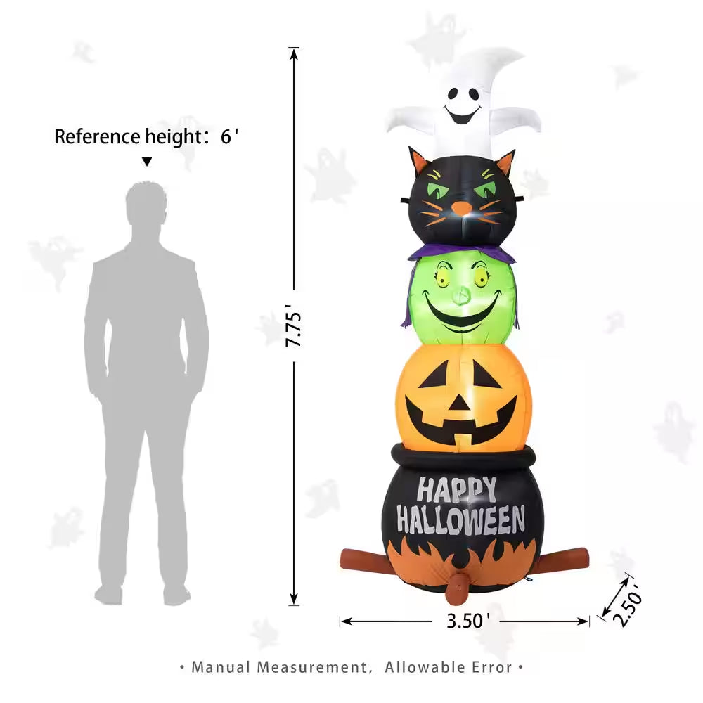 8 Ft. Lighted Halloween Inflatable Stacked Ghost, Black Cat, Witch and Pumpkin Decor