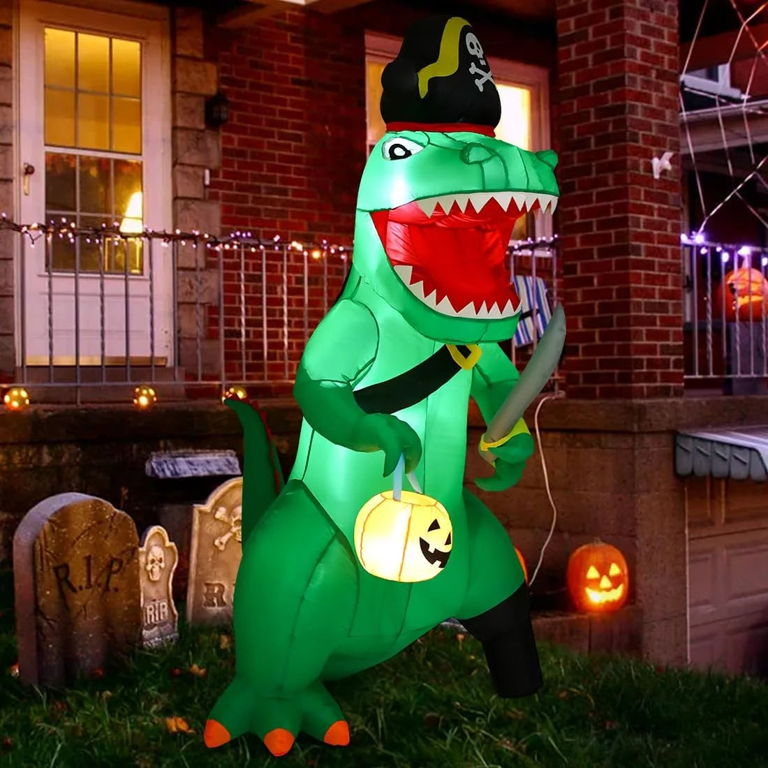 7FT Outdoor Halloween Decorations Halloween Dinosaur Inflatable, Halloween Inflatables Blow up Dinosaur, Green Pirate Dino Halloween Decorations Dinosaur Halloween Inflatable for Holiday/Party