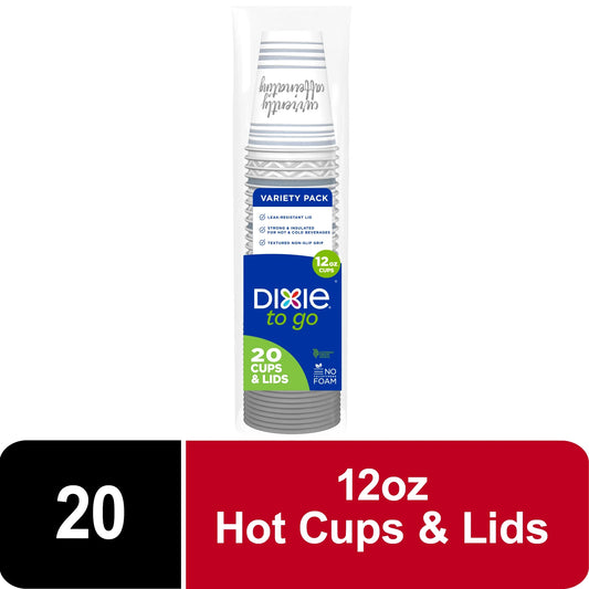 to Go Disposable Paper Cups with Lids, 12 Oz, 20 Count, Multicolor, Insulated, Non-Slip Grip