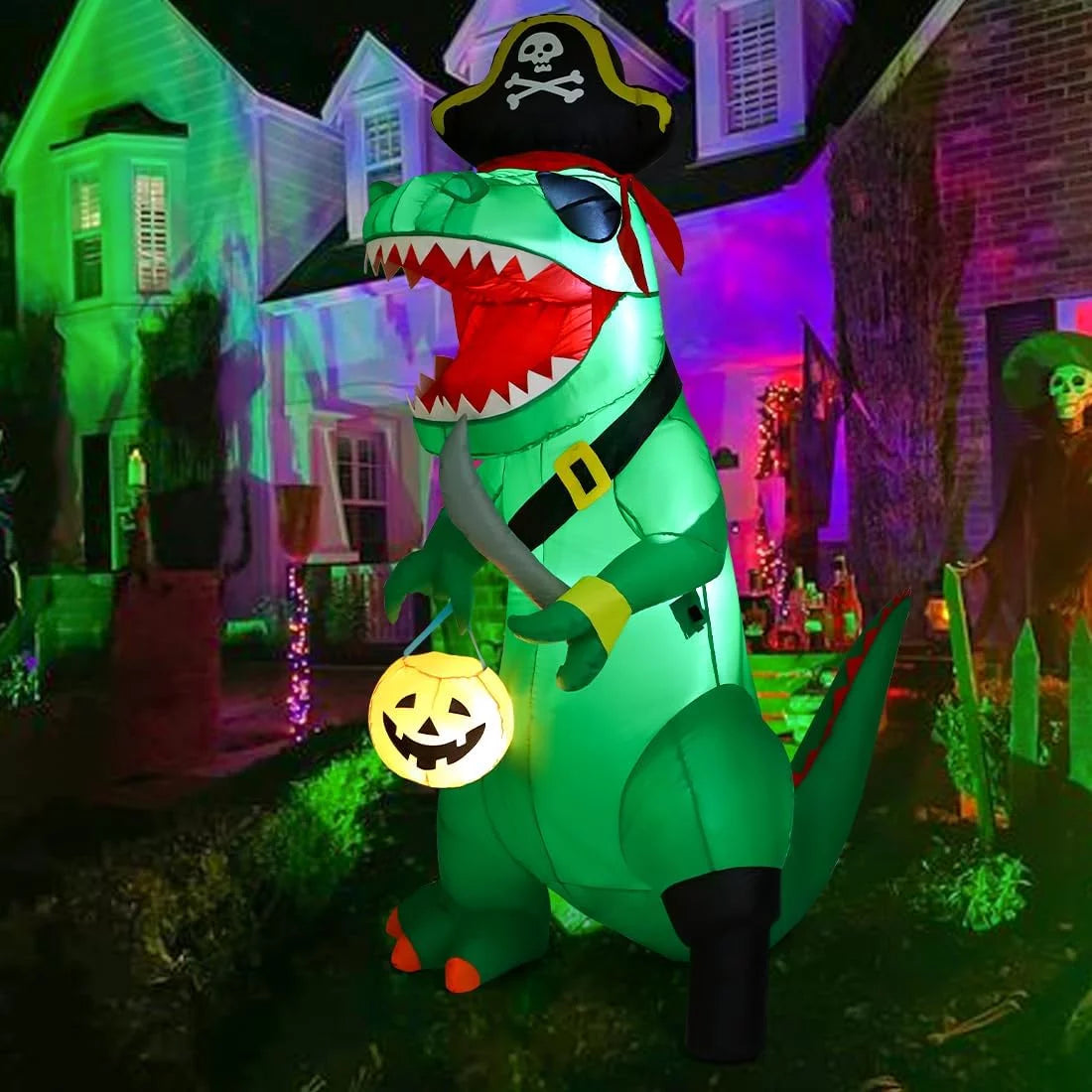 7FT Outdoor Halloween Decorations Halloween Dinosaur Inflatable, Halloween Inflatables Blow up Dinosaur, Green Pirate Dino Halloween Decorations Dinosaur Halloween Inflatable for Holiday/Party