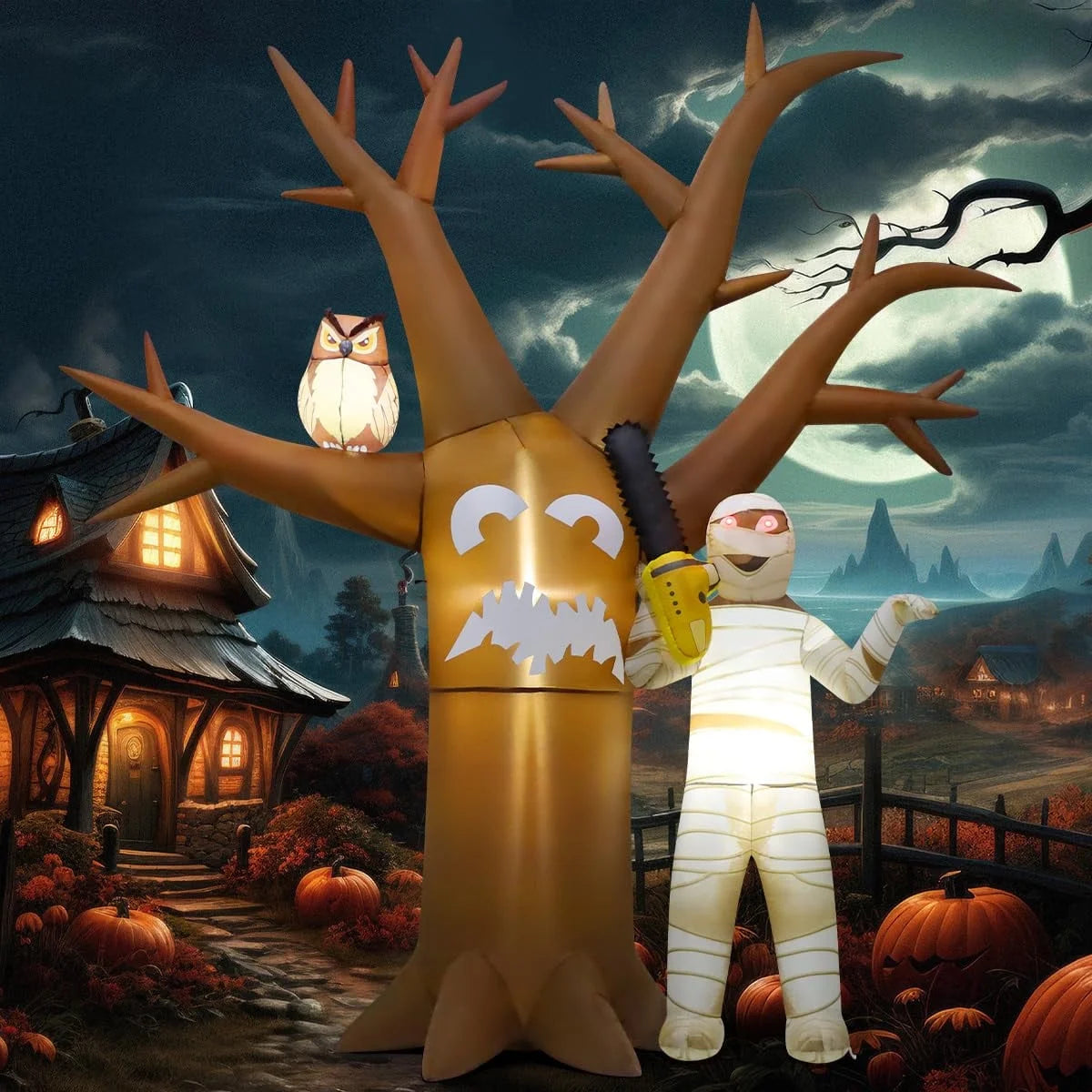 Halloween Inflatable 12 FT Inflatable Halloween Tree with Mummy, Scary Halloween Tree Inflatable Halloween Blow up Tree with LED Lights, Funny Halloween Decorations for Halloween/Holiday