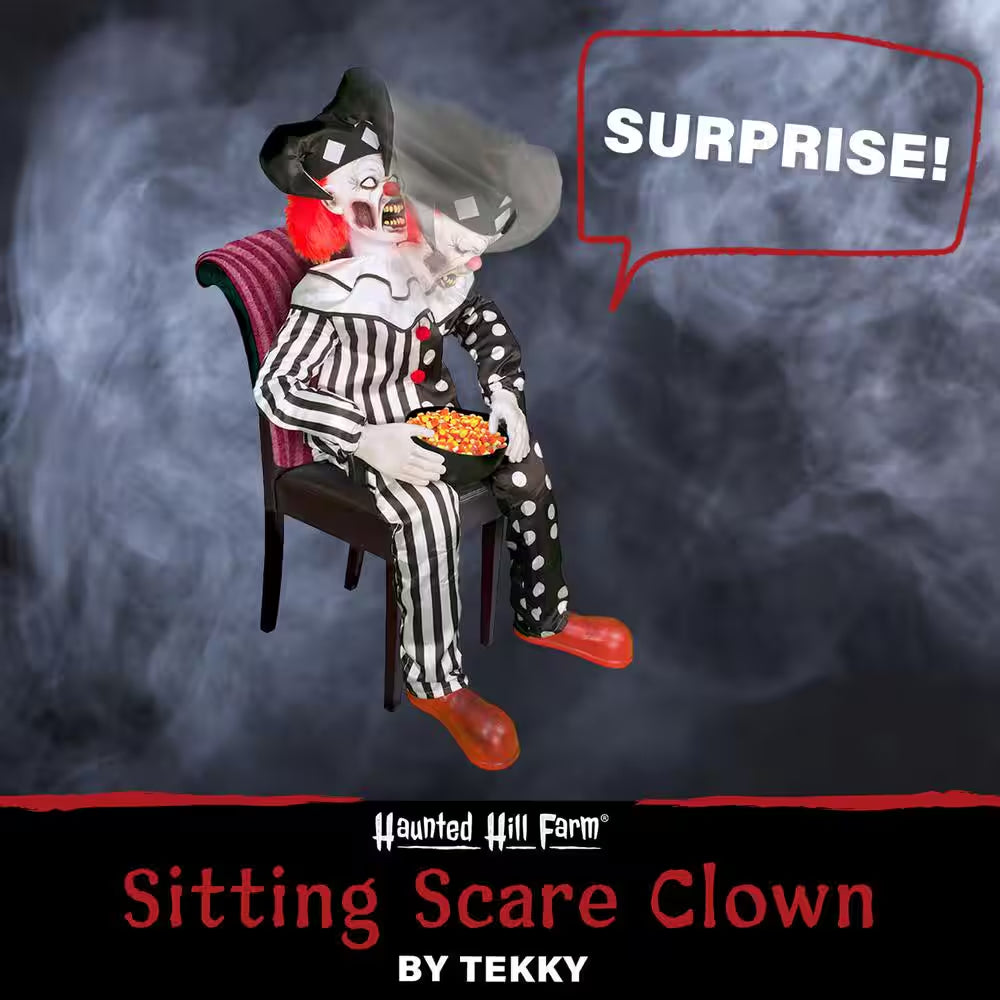 Hartley the Sitting Scare Clown by Tekky, Premium Talking Halloween Animatronic, Plug-In or Battery