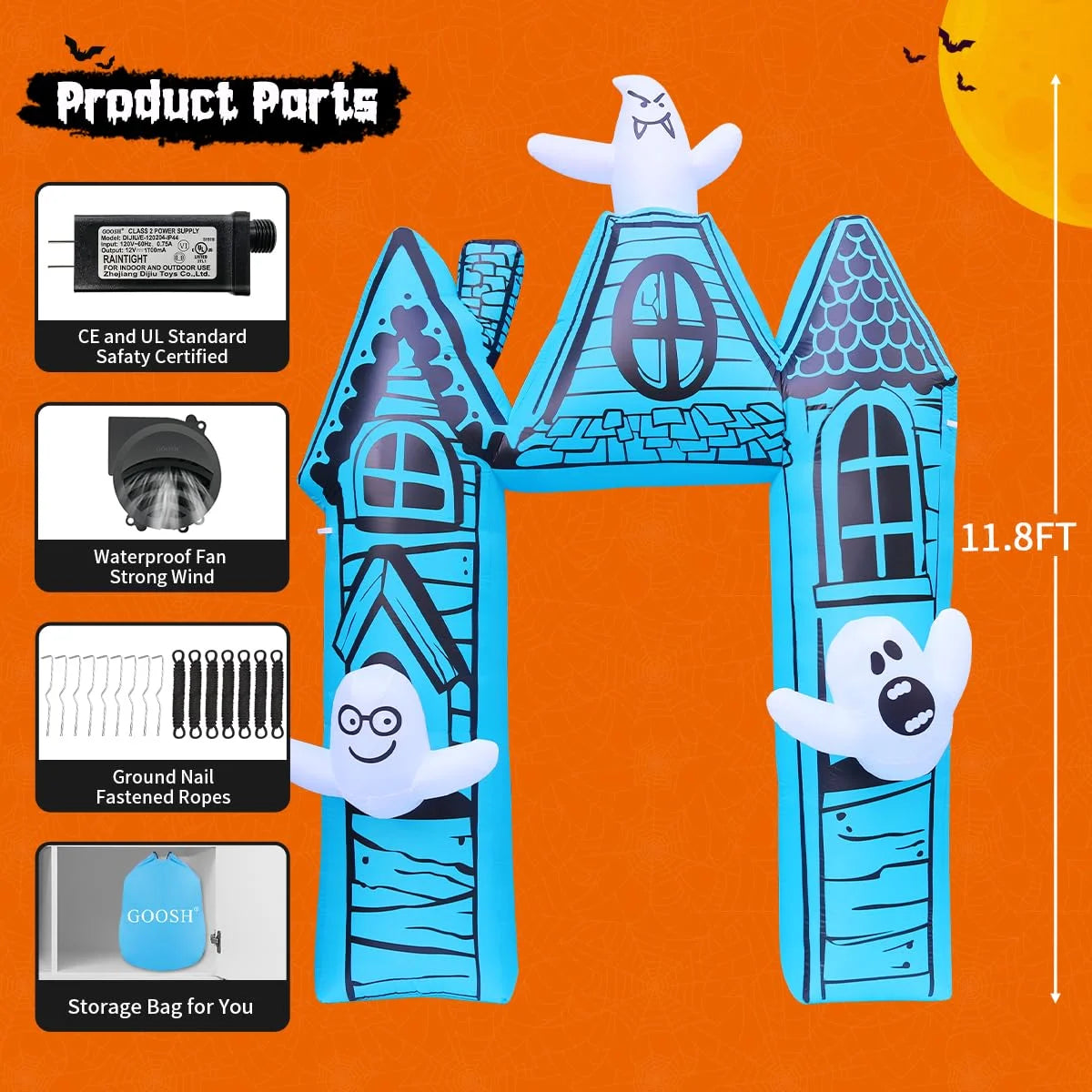 Halloween Inflatable 11.8 FT Castle Archway with Ghost, Halloween Inflatable Archway Inflatable Halloween Arch with LED Lights, Funny Halloween Decorations for Halloween/Holiday/Party