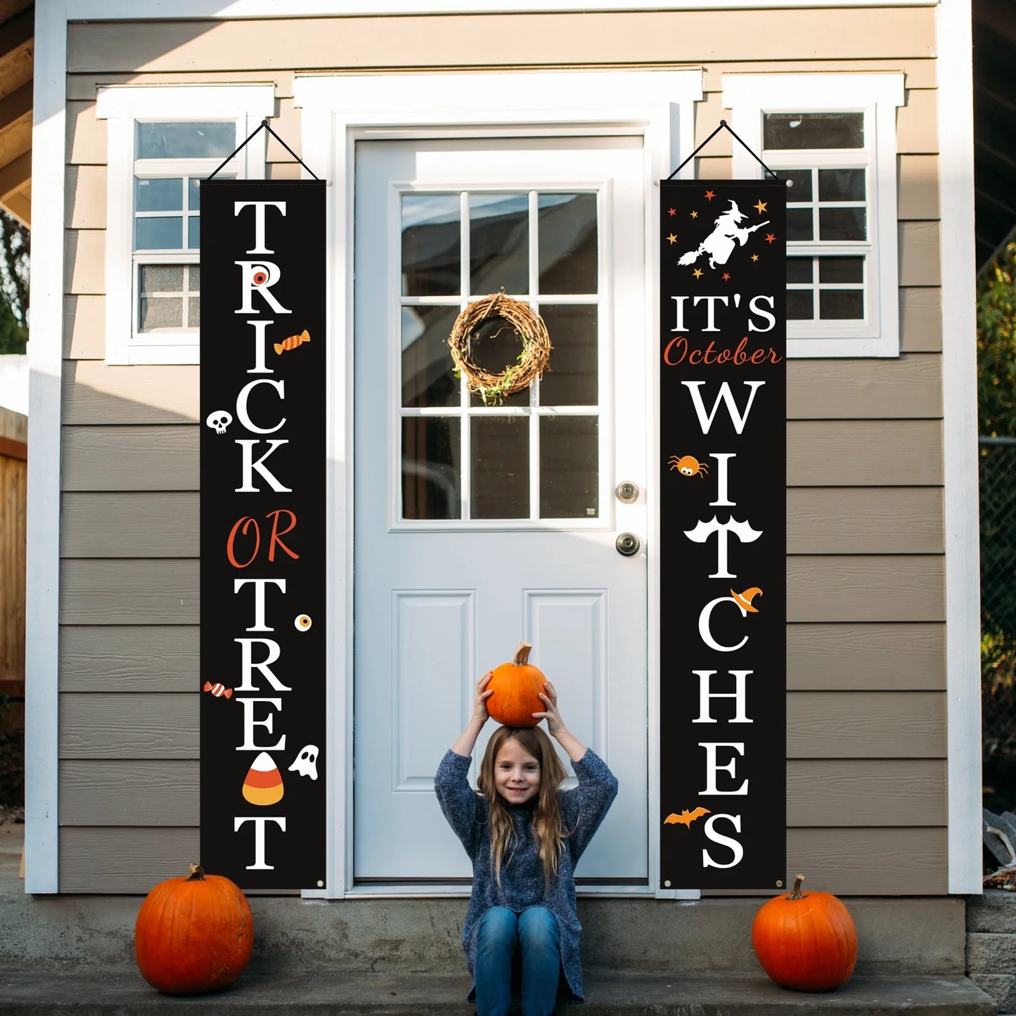 Halloween Decorations, Halloween Banners, Trick or Treat & It's October Witches Hanging Signs for Front Porch Decor, Home Indoor P