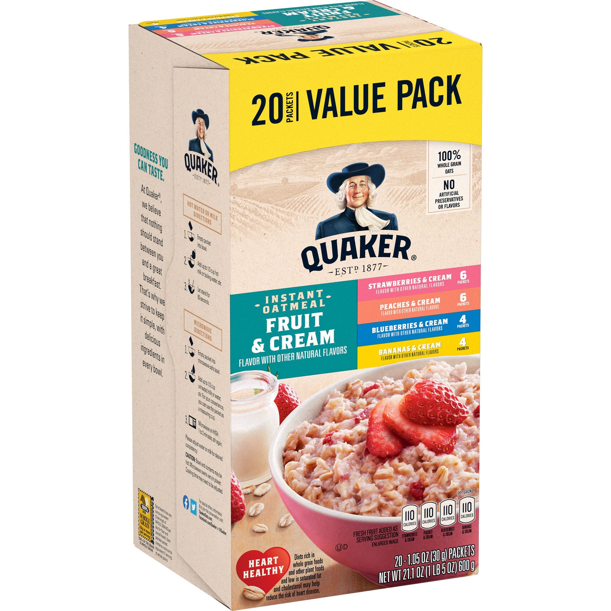 Instant Oatmeal, Fruit & Cream Variety Pack, Quick Cook Oatmeal, 1.1 Oz Packets, 20 Pack