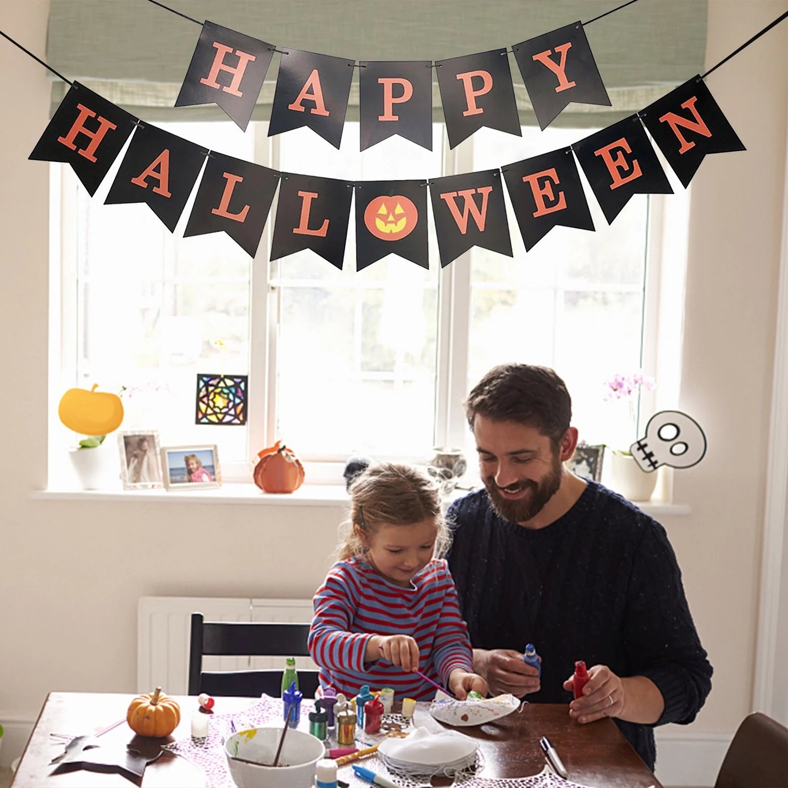 Happy Halloween Banner, Halloween Bunting Banners, Fabric No DIY Required Hanging Banner, Garland Halloween Black Orange Banner, for Halloween Home Office Party Favor Decor Supplies