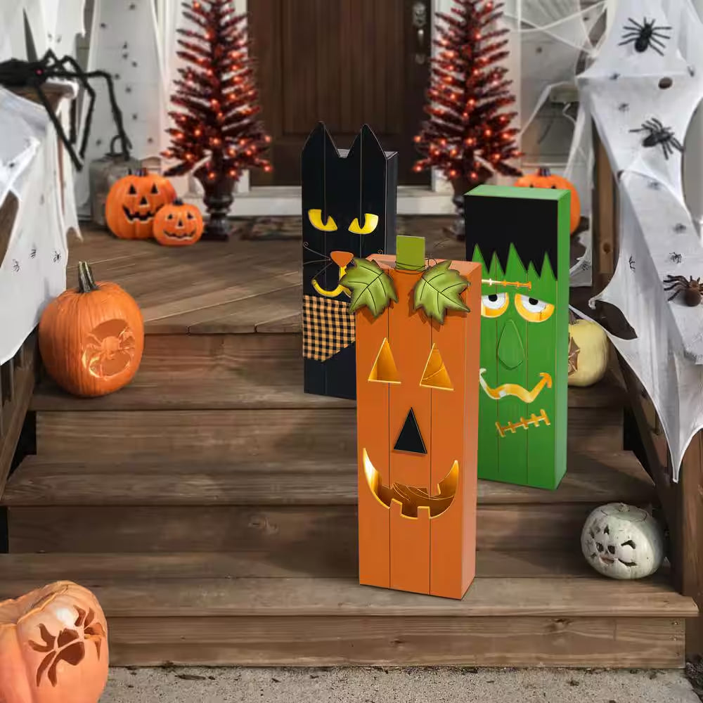 30 In. H Lighted Halloween Yard Standing Decor Wooden Pumpkin Porch Decor