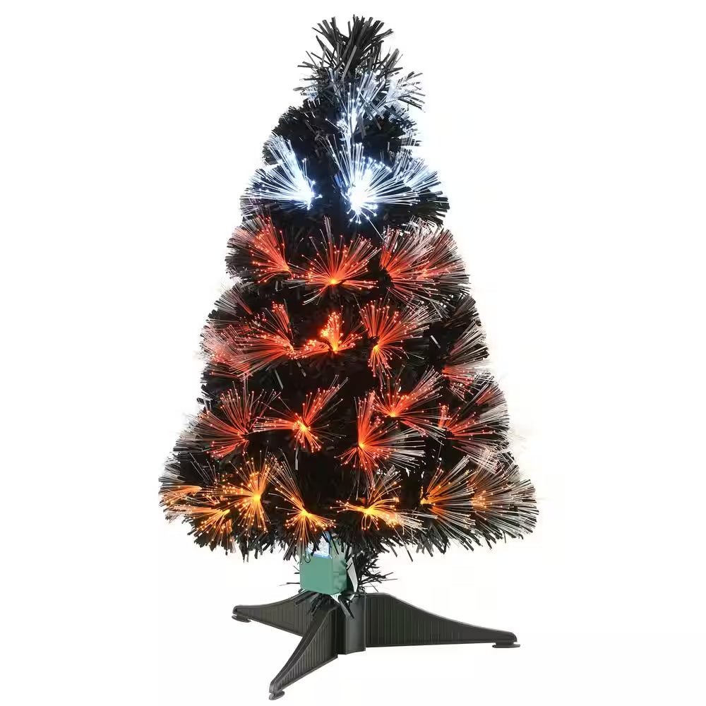 2 Ft. Black Fiber Optic Artificial Halloween Tree with Candy Corn Color Lights, 8 Functions