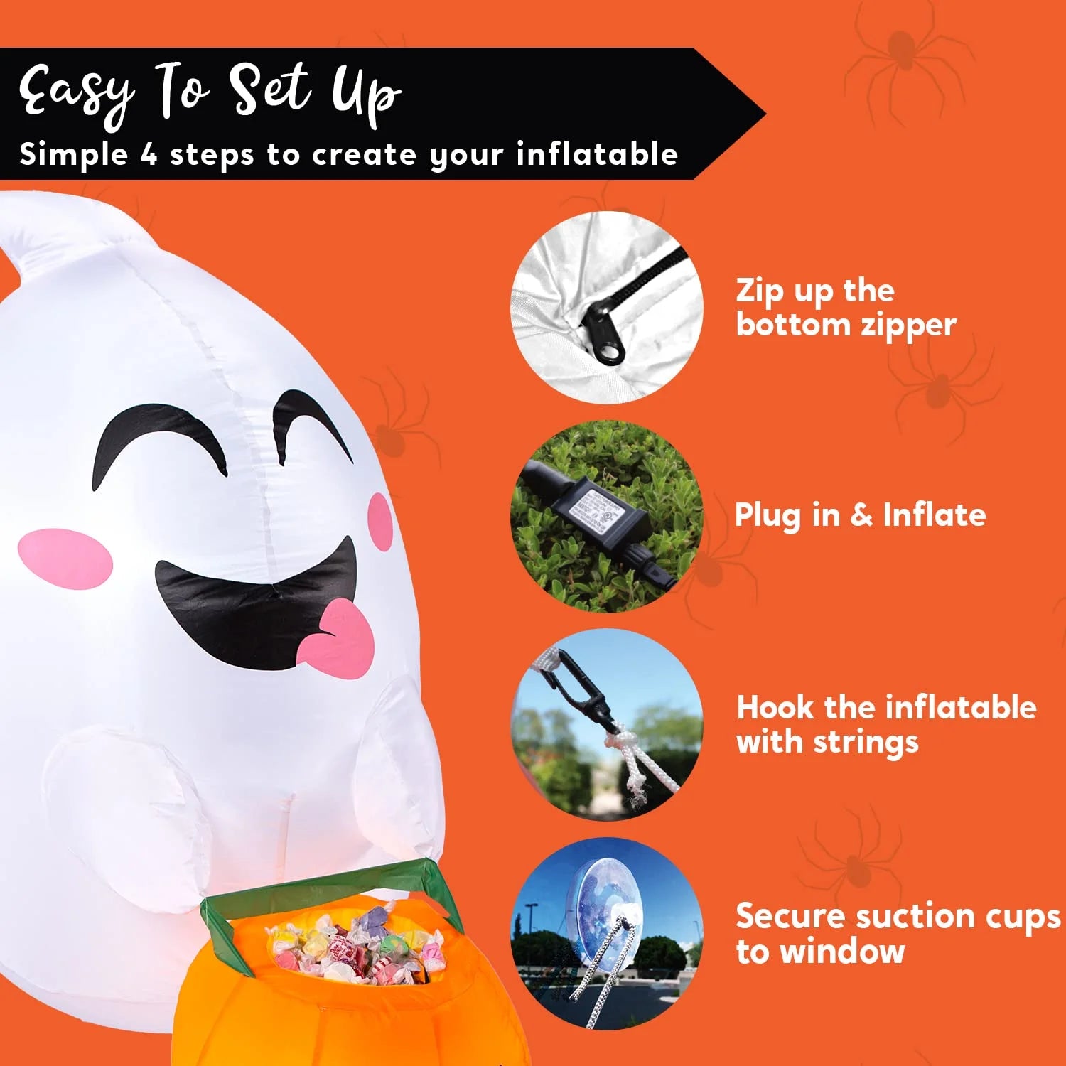 4.5 FT Halloween Inflatable Outdoor Cute Flying Ghost with Pumpkin Candy Basket Broke Out from Window with Built-In LED Blow up Inflatable for Window Decoration Yard