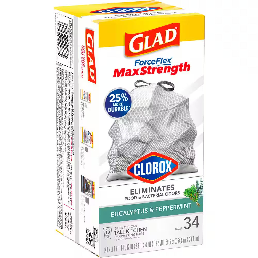 Forceflex Maxstrength with Clorox Trash Bags, 13 Gal, Eucalyptus and Peppermint, 34 Ct