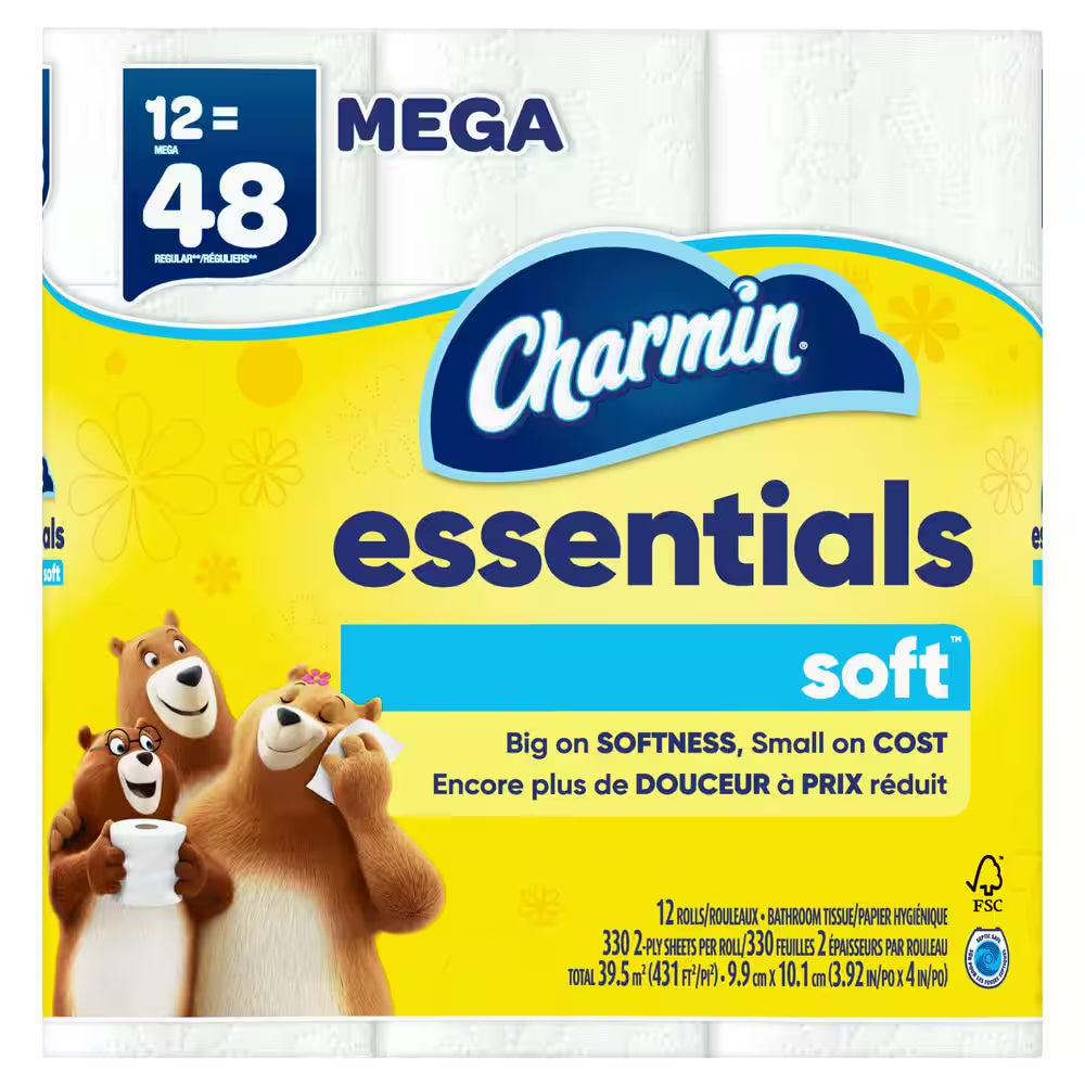 Essentials Soft Toilet Paper Rolls (12 Mega Rolls)