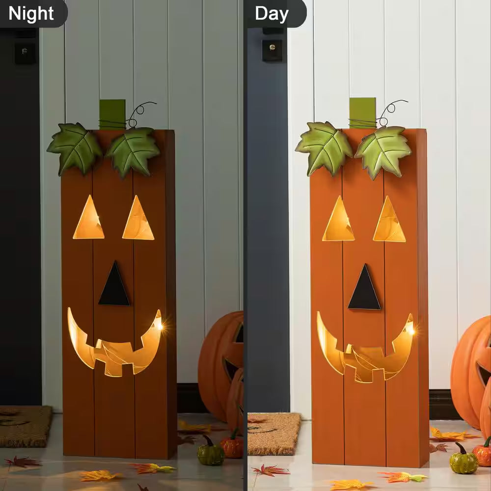 30 In. H Lighted Halloween Yard Standing Decor Wooden Pumpkin Porch Decor