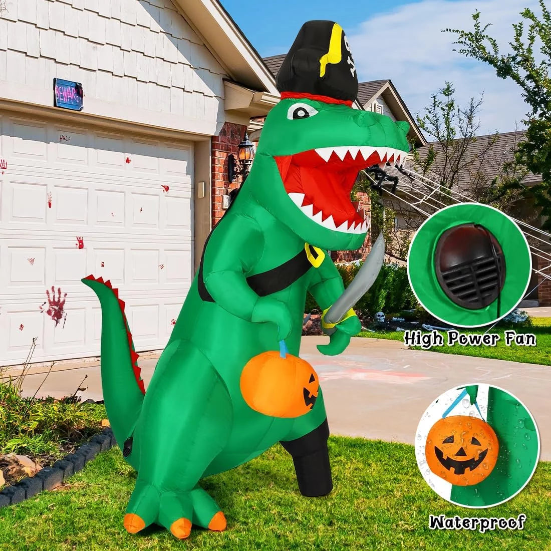 7FT Outdoor Halloween Decorations Halloween Dinosaur Inflatable, Halloween Inflatables Blow up Dinosaur, Green Pirate Dino Halloween Decorations Dinosaur Halloween Inflatable for Holiday/Party