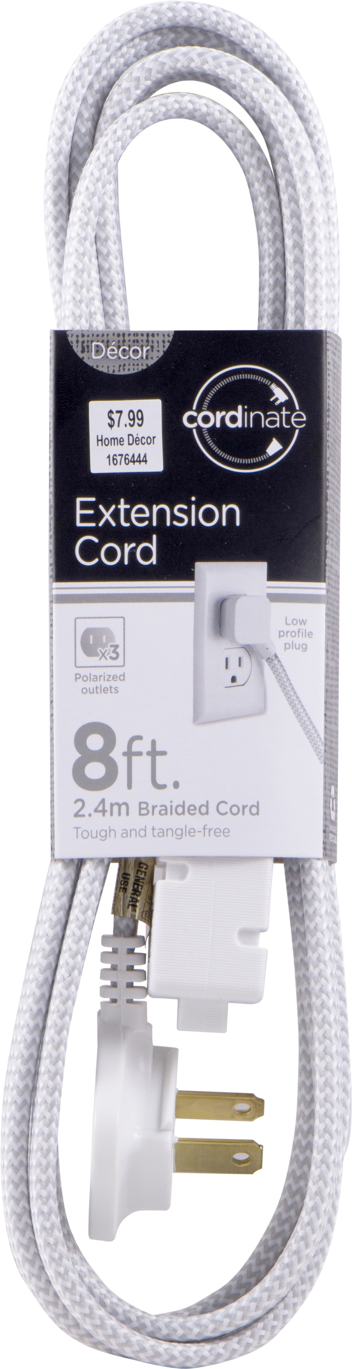 Designer Extension Cord, 3-Outlet, Gray, 8 Ft Braided Cord, 15A