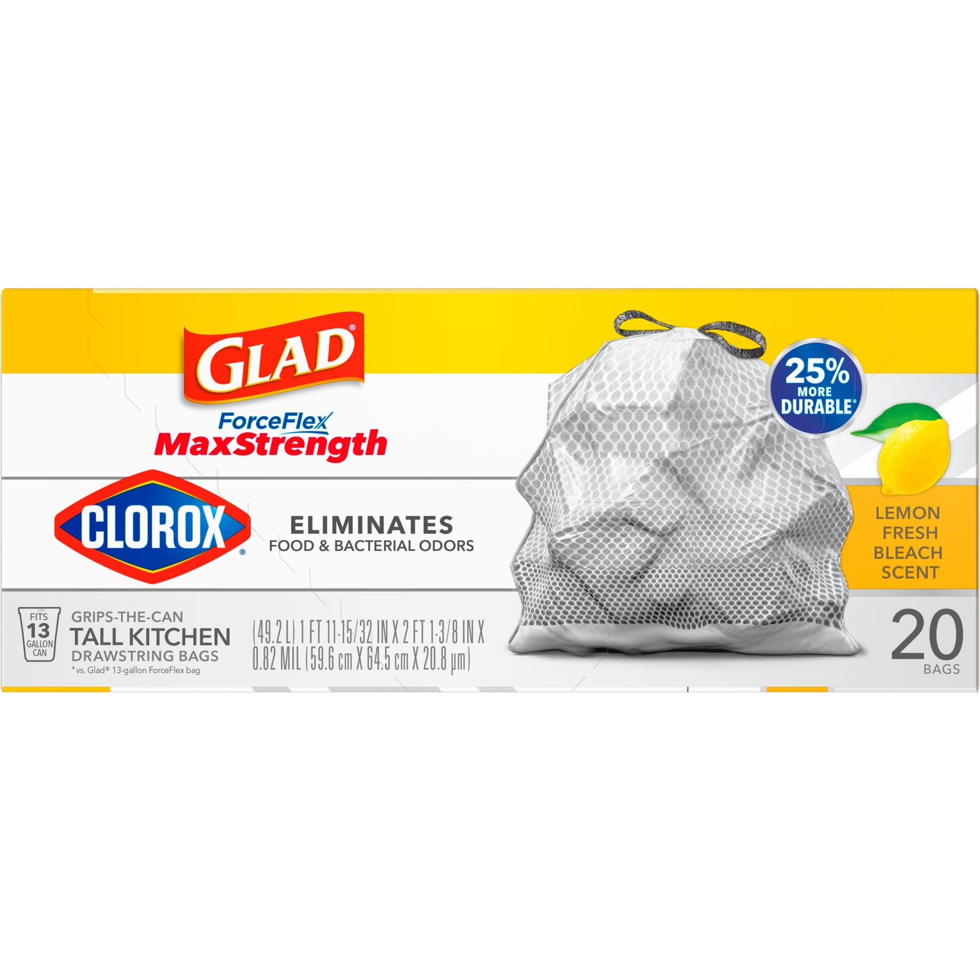 Forceflex Maxstrength with Clorox 13 Gallon Kitchen Trash Bags, Lemon Fresh Bleach, 20 Bags