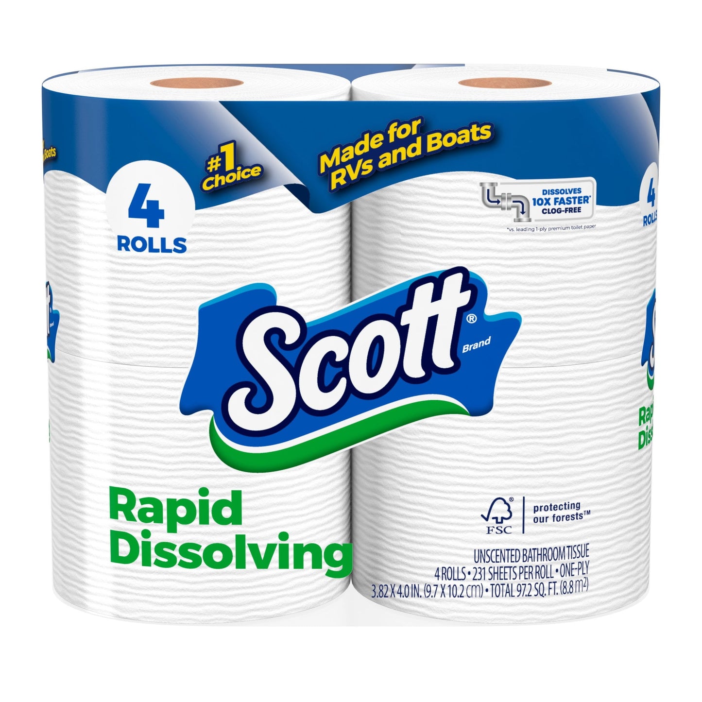 Rapid-Dissolving Toilet Paper for Rvs & Boats, 4 Double Rolls