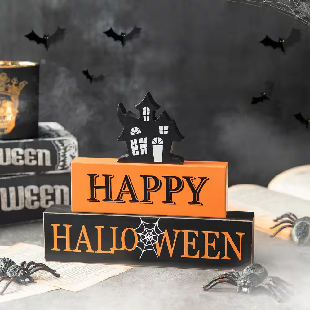 7.75 In. H Happy Halloween Wooden Haunted House Block Sign