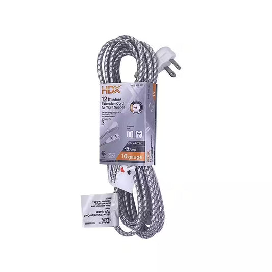 12 Ft. 16/2 Light Duty Indoor Braided Tight Space Extension Cord, Grey/White