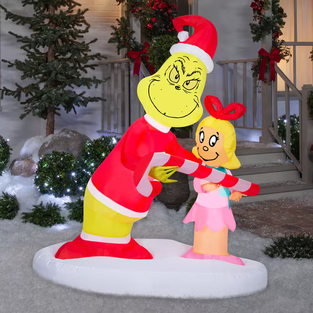 5.5 Ft. H X 3 Ft. W X 4 Ft. L LED Lighted Christmas Inflatable Airblown-Grinch Passing Out Candy Canes to Cindy Lou-Lg