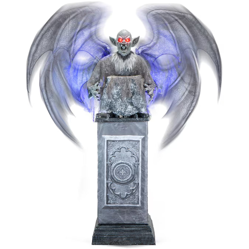 8-Ft Talking LED Gargoyle with Wings on Pedestal Animatronic