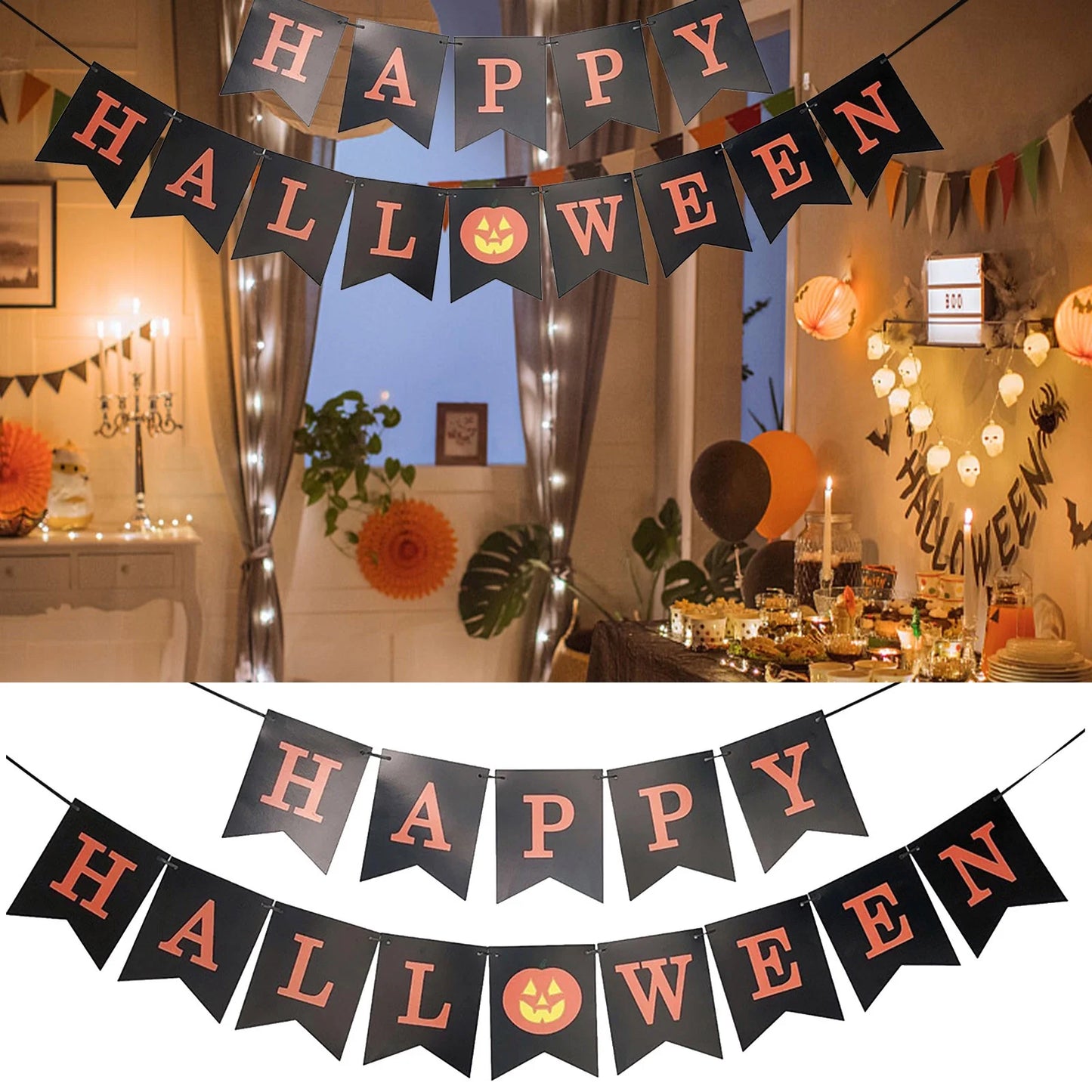 Happy Halloween Banner, Halloween Bunting Banners, Fabric No DIY Required Hanging Banner, Garland Halloween Black Orange Banner, for Halloween Home Office Party Favor Decor Supplies