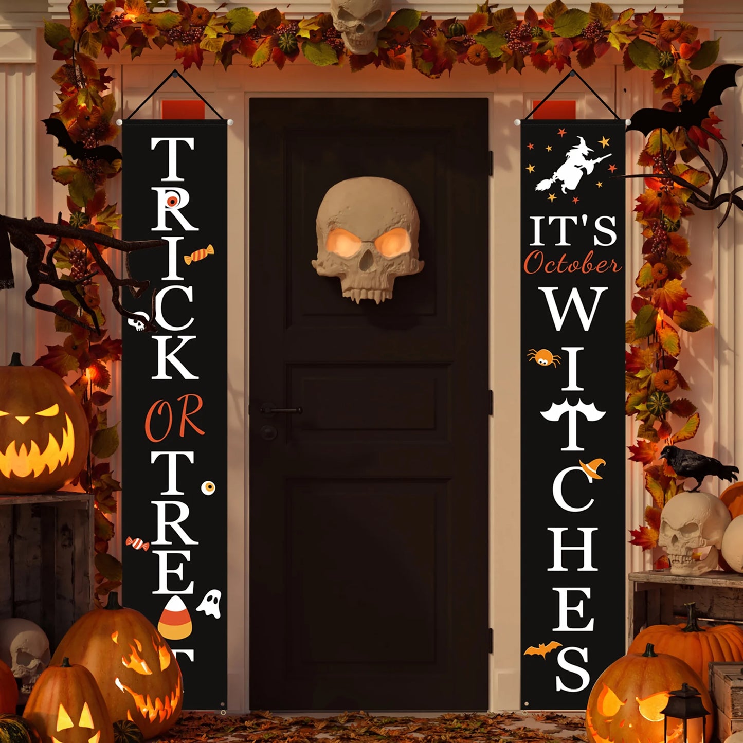 Halloween Decorations, Halloween Banners, Trick or Treat & It's October Witches Hanging Signs for Front Porch Decor, Home Indoor P