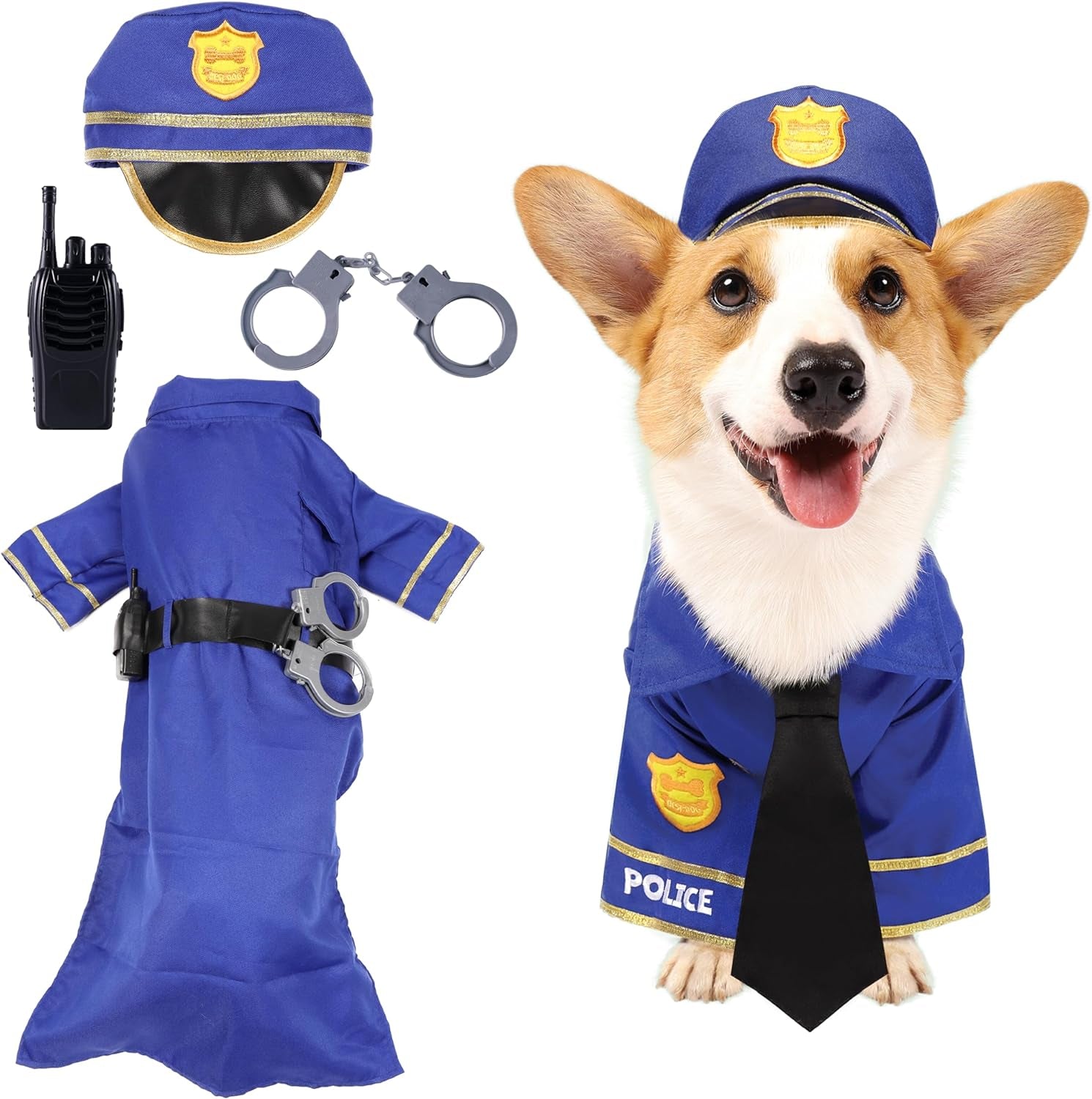 Halloween Dog Pet Police Costume Shirt with Belt, Handcuffs, Walkie Talkie for Halloween Dress-Up Party, Role Play, Carnival Cosplay, Holiday Decorations Clothes (Medium)