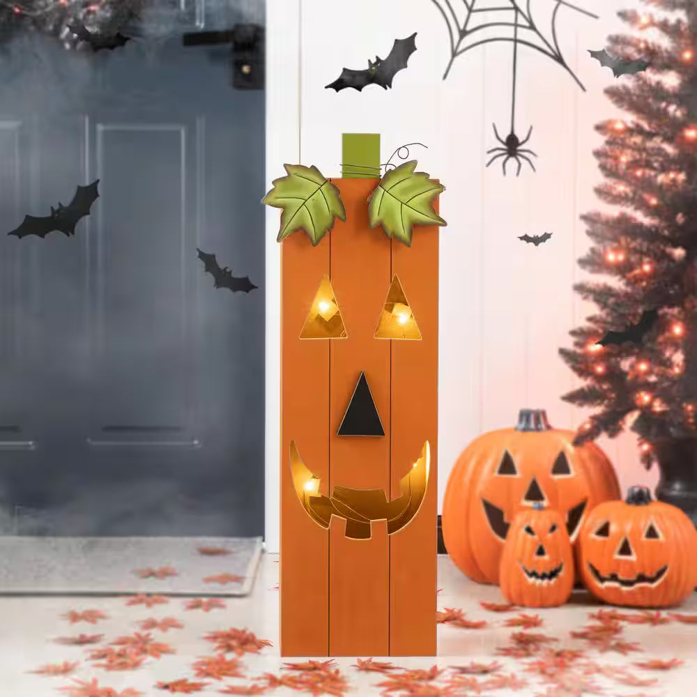 30 In. H Lighted Halloween Yard Standing Decor Wooden Pumpkin Porch Decor