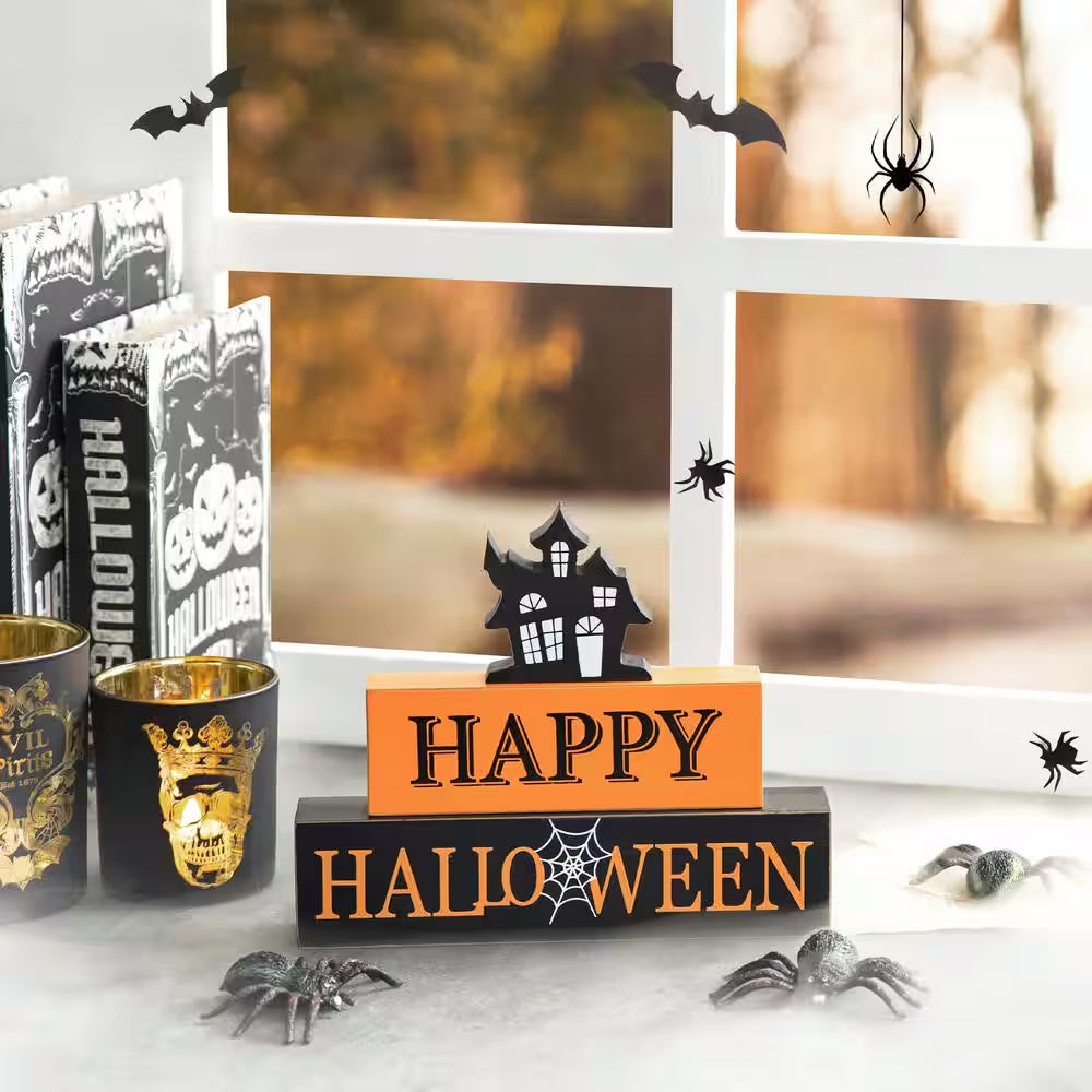 7.75 In. H Happy Halloween Wooden Haunted House Block Sign