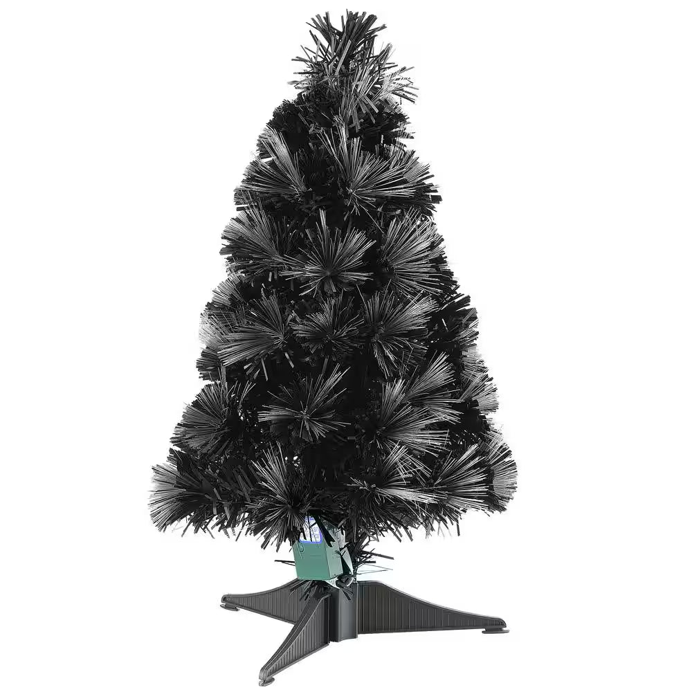 2 Ft. Black Fiber Optic Artificial Halloween Tree with Candy Corn Color Lights, 8 Functions