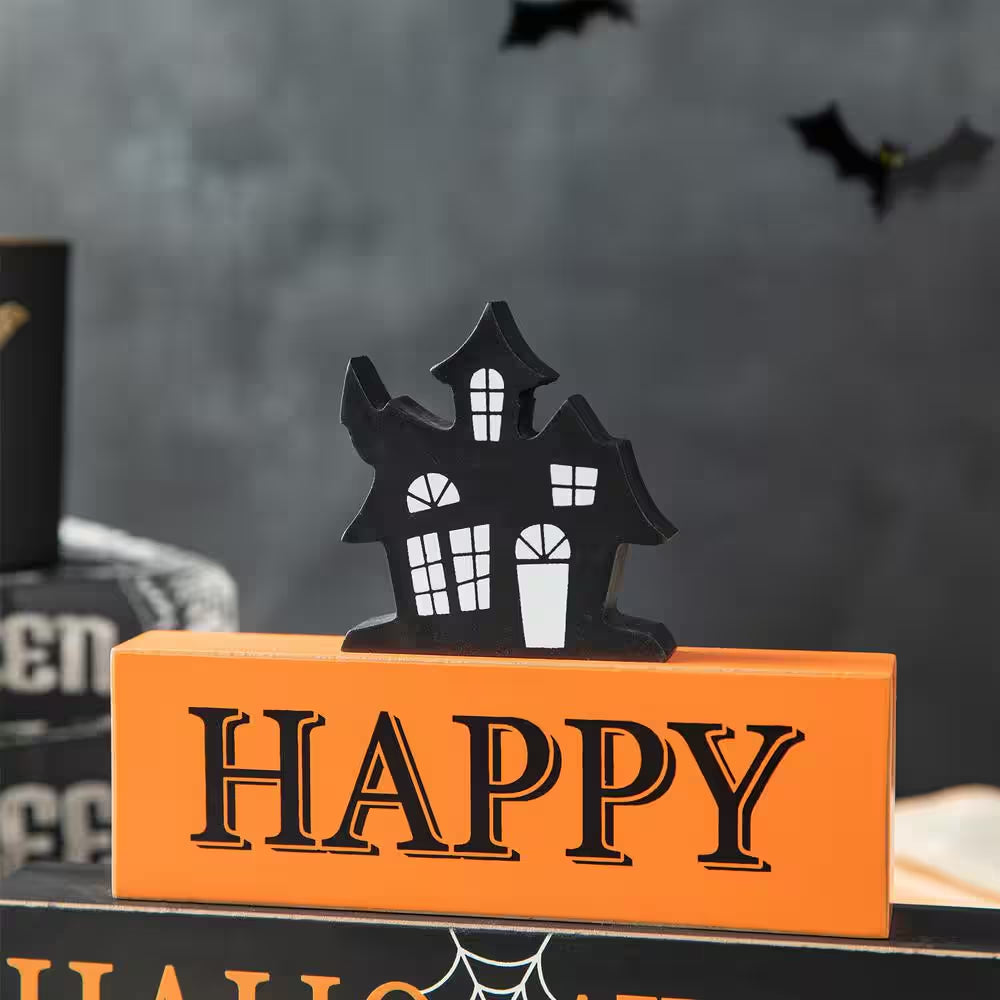 7.75 In. H Happy Halloween Wooden Haunted House Block Sign