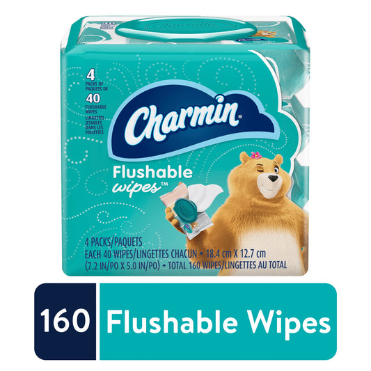 Flushable Wipes, 4 Packs, 40 Wipes per Pack, 160 Total Wipes