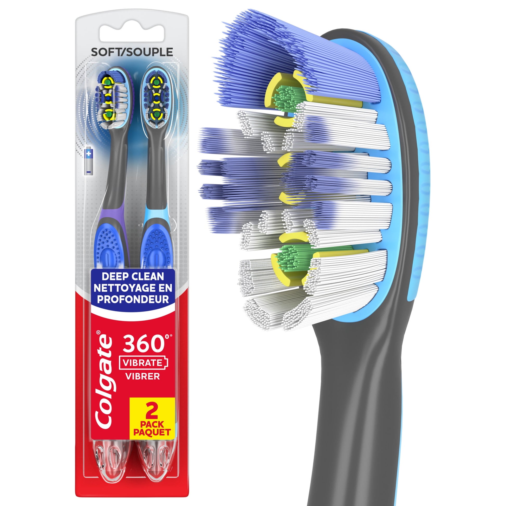 360 Vibrate Deep Clean Battery Operated Toothbrush, 2 Pack, 1 AAA Battery Included