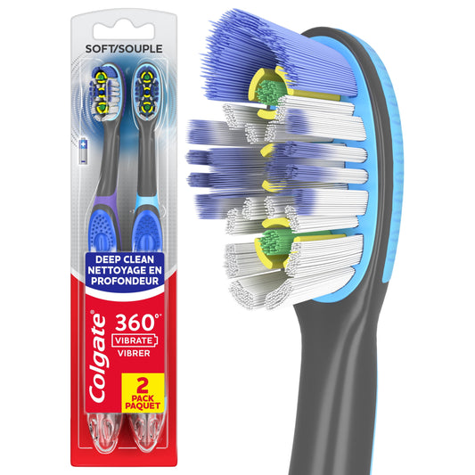 360 Vibrate Deep Clean Battery Operated Toothbrush, 2 Pack, 1 AAA Battery Included