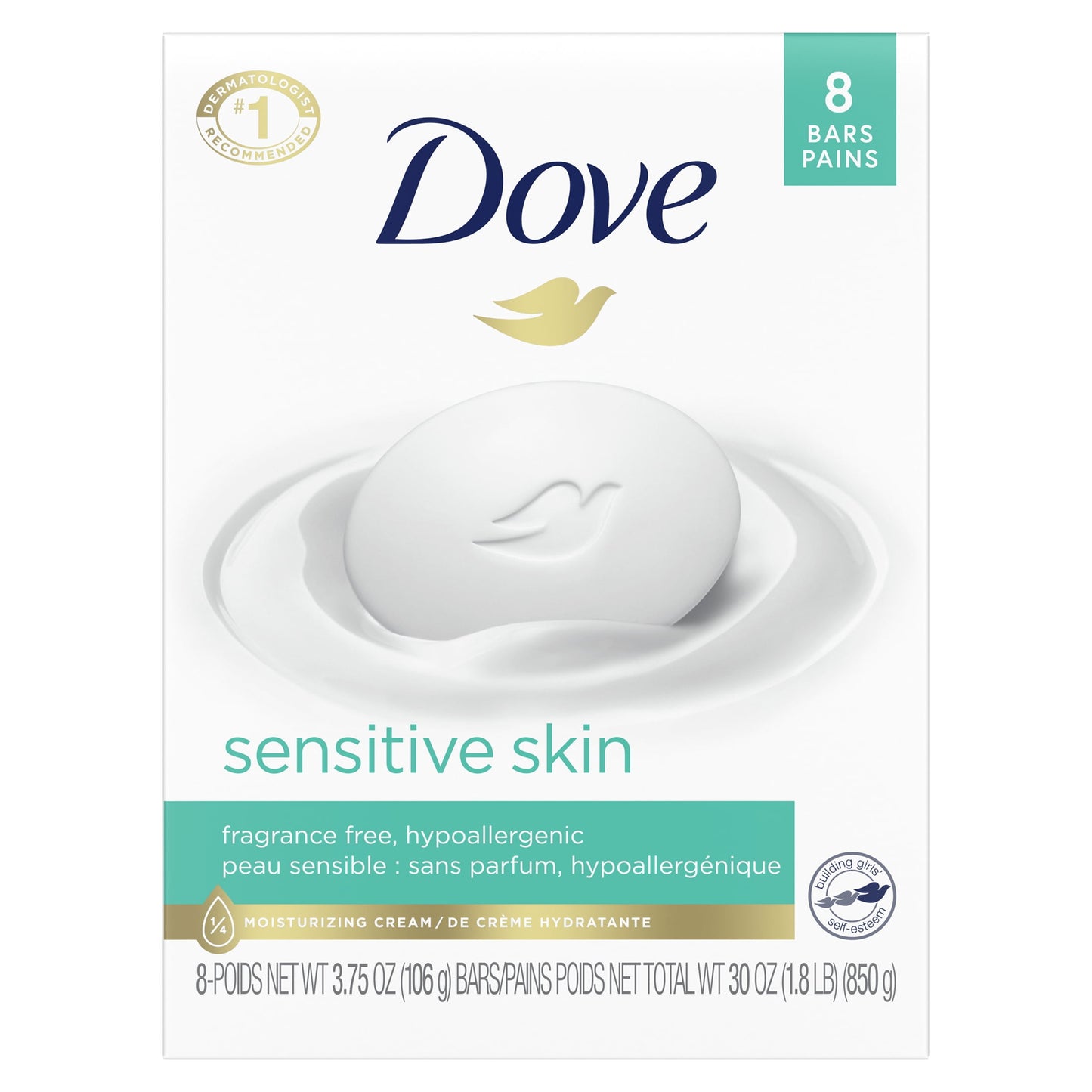 Sensitive Skin Gentle Beauty Bar Soap, Unscented, 3.75 Oz (8 Bars)