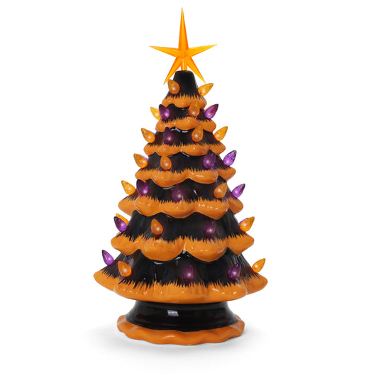 Halloween Ceramic Christmas Tree - Ceramic Halloween Tree - Orange Tree - Lighted Halloween Tree - Black Halloween Tree - Orange Christmas Tree for Indoor Halloween Decorations