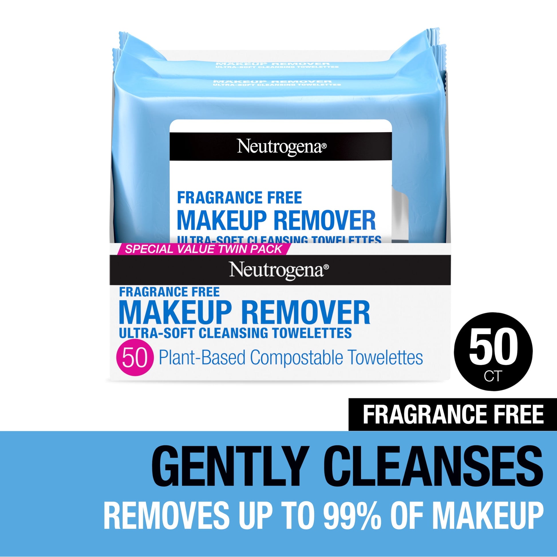 Fragrance Free Makeup Remover Wipes, Face Cleansing Towelettes, 25 Count, 2 Pack