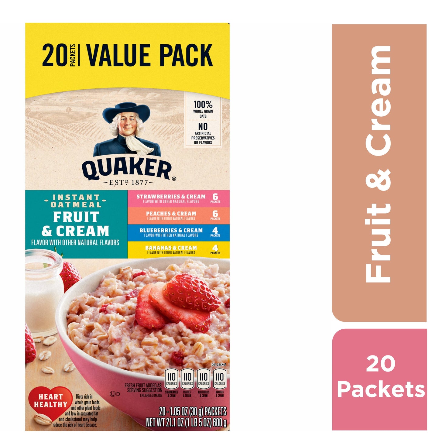 Instant Oatmeal, Fruit & Cream Variety Pack, Quick Cook Oatmeal, 1.1 Oz Packets, 20 Pack