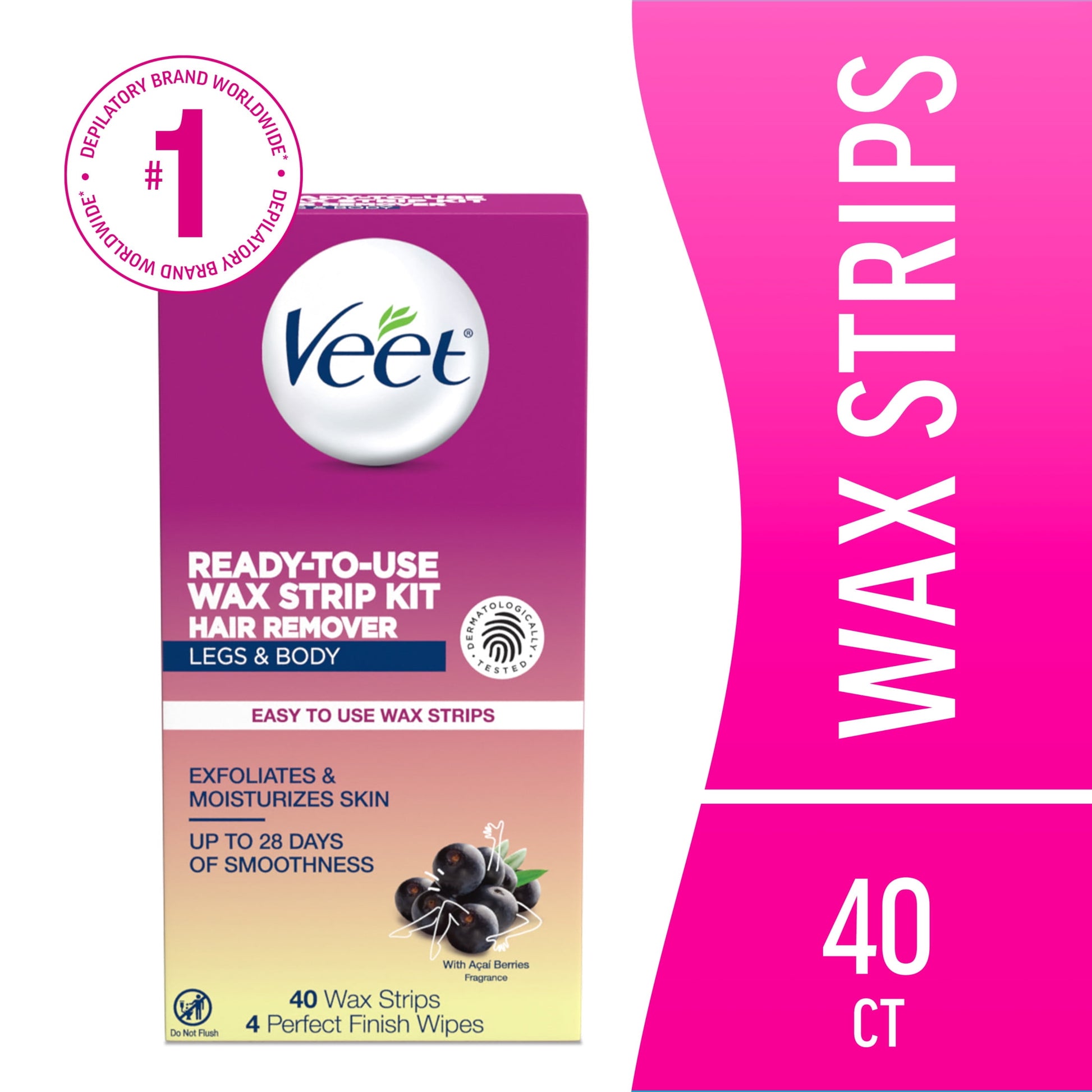 Hair Removal Wax Strips with Shea Butter, Body Hair Remover for Women, Sensitive Skin, 40 CT